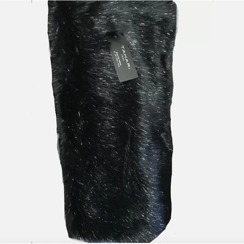 Tahari Black Faux Fur Throw Blanket Silver TInsel Luxury Halloween Decor NEW